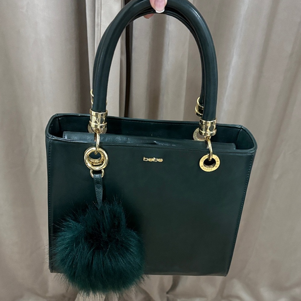 Bebe Dark Green Tote with Gold Details